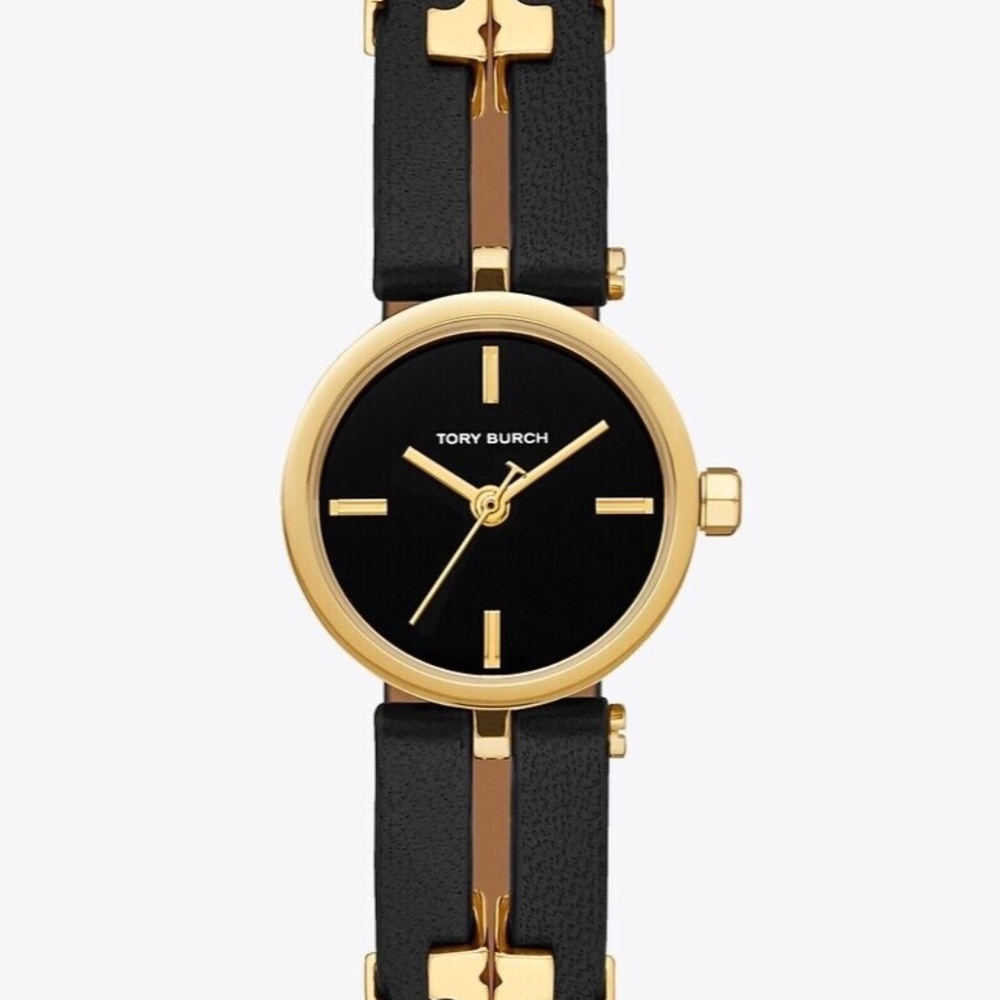 Tory Burch “KIRA” Quartz TBW1451 Gold Black Dial Leather Band 22 x28mm Watch
